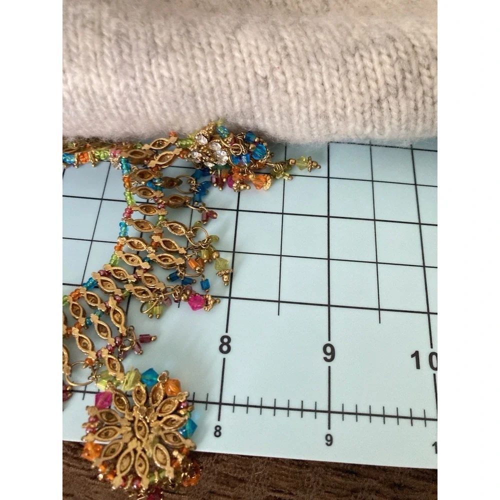 Gold Tone Rhinestone Bib Necklace‎ Multicolor Beaded Dangle Bollywood Bling
